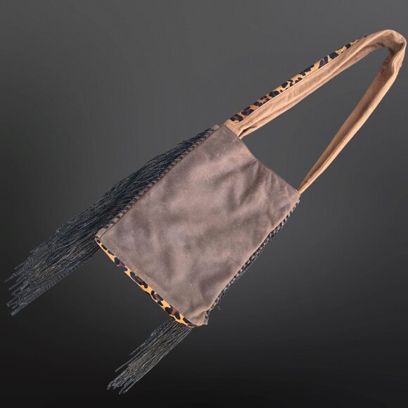 House Of Harlow 1960 Boho Brown Leather Leopard Calf Hair Bag Chain Fringe 2012 - Picture 4 of 11